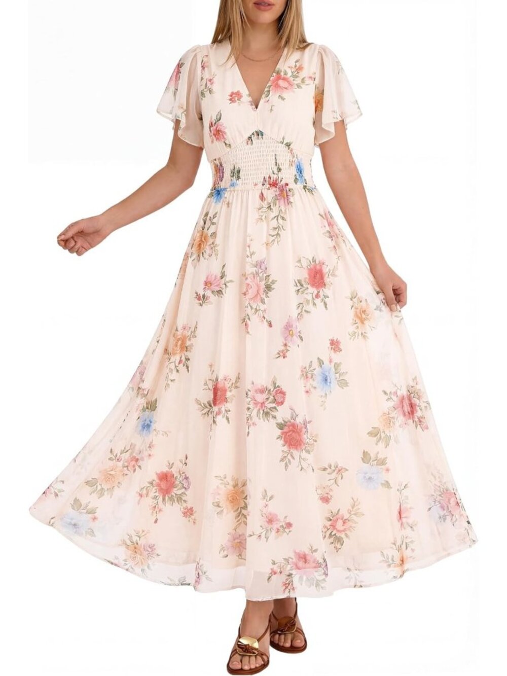Floral Tulle Maxi Dress for Women | Short Sleeve Wedding Guest Outfit
